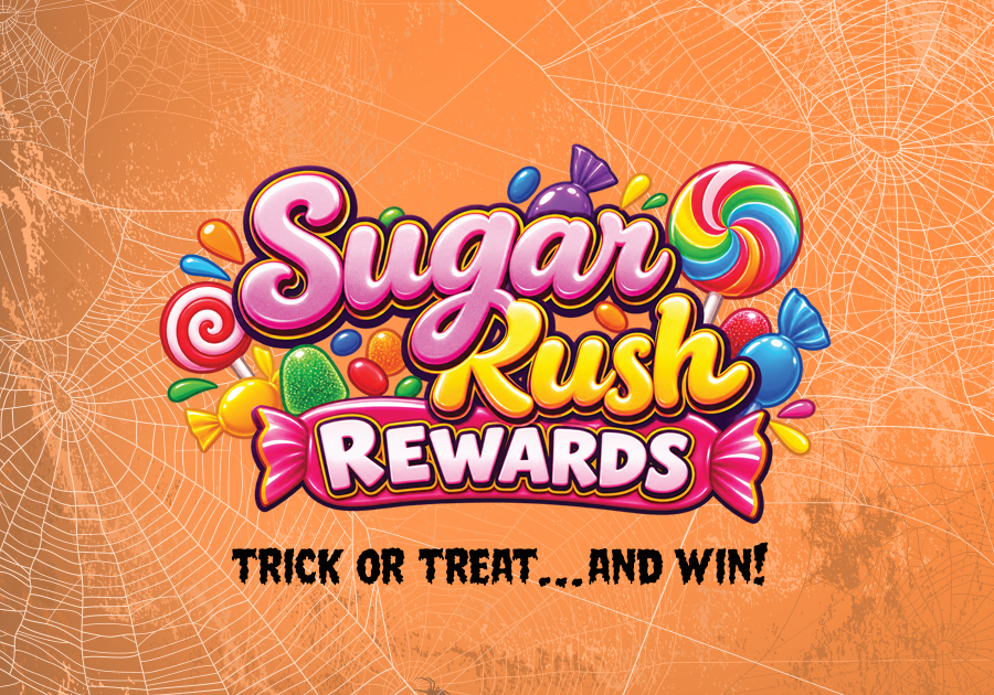 Sugar Rush Rewards graphic with candy bars and a Trick or Treat sign